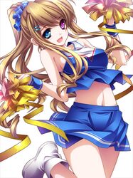  bare_shoulders blonde_hair blue_eyes blush breasts cheerleader hair_ornament hairclip heterochromia highres long_hair midriff moneti_(daifuku) navel open_mouth original payot pom_poms ponytail purple_eyes ribbon skirt smile solo violet_eyes 