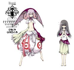  akemi_homura asymmetrical_clothes bandeau bare_shoulders barefoot black_hair breasts detached_sleeves flying_sweatdrops hands_clasped hands_in_sleeves hat jester_cap jewelry light_smile long_hair madoka_runes magical_girl mahou_shoujo_madoka_magica midriff multiple_girls navel necklace open_mouth original personification pink_hair purple_eyes shaded_face short_hair simple_background smile takimiya_kazutaka under_boob underboob violet_eyes walpurgisnacht_(madoka_magica) white_background wide_sleeves young 