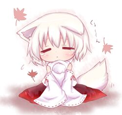  animal_ears blush chibi closed_eyes detached_sleeves inubashiri_momiji misa_(kaeruhitode) solo tail tears touhou white_hair wolf_ears wolf_tail 