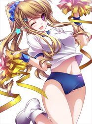  blonde_hair blush breasts buruma gym_uniform hair_ornament hairclip highres long_hair looking_at_viewer midriff moneti_(daifuku) navel open_mouth original payot pom_poms ponytail purple_eyes ribbon smile solo violet_eyes wink wristband 