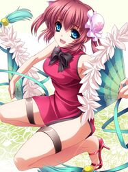 bare_shoulders blue_eyes blush bow bun_cover china_dress chinese_clothes double_bun fan folding_fan highres moneti_(daifuku) open_mouth original red_hair redhead short_hair smile solo squatting thigh_strap 