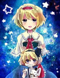  alice_margatroid alice_margatroid_(young) blonde_hair blue_eyes blush book bow bunny capelet clock dress dual_persona hair_bow hair_ornament hair_ribbon hairband multiple_girls open_mouth pocket_watch rabbit ribbon short_hair skirt smile star stuffed_animal stuffed_toy suspenders touhou v watch 