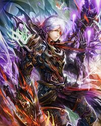  armor gauntlets glowing glowing_eyes hiro_(5796143) original red_eyes short_hair solo standing sword weapon white_hair 
