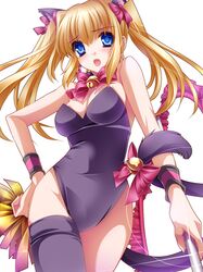  animal_ears bare_shoulders baton bell black_legwear blonde_hair blue_eyes blush bow breasts cat_ears cat_tail cleavage collar hand_on_hip highres leotard long_hair moneti_(daifuku) original pom_poms single_thighhigh single_thighhighs solo tail thighhighs twintails wristband 