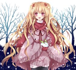  black_legwear blonde_hair dress gloves long_hair long_sleeves looking_at_viewer nanase_nao open_mouth original pantyhose pink_dress pink_eyes red_gloves scarf smile snow_bunny snowing solo tree very_long_hair wide_sleeves 