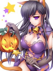  animal_ears bell black_hair blush breasts cat_ears cat_tail cleavage collar cross earrings elbow_gloves gloves hairband halloween highres jack-o'-lantern jack-o'-lantern jewelry long_hair moneti_(daifuku) navel original pumpkin purple_eyes solo tail violet_eyes wand 