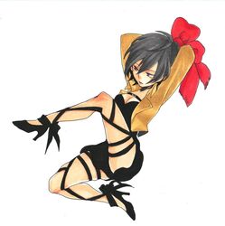1girl black_eyes black_hair breasts cleavage high_heels highres koma39 mikasa_ackerman scarf shingeki_no_kyojin shoes short_hair solo