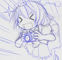  >_< camera hat kasuga_yukihito lowres monochrome shameimaru_aya short_hair sketch skirt solo speed_lines tokin_hat touhou 