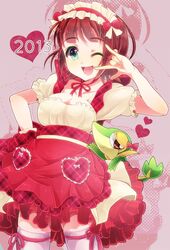  2013 81_(mellowry) ;d \m/ amami_haruka apron blush bow brown_hair green_eyes idolmaster maid_headdress open_mouth pokemon pokemon_(game) pokemon_bw short_hair skirt smile snivy solo thigh-highs thighhighs white_legwear wink 