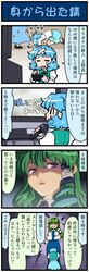  4koma alternate_eye_color anger_vein anime_coloring artist_self-insert blue_hair breasts clenched_teeth closed_eyes comic crossed_arms detached_sleeves eyes_closed frog_hair_ornament green_hair hair_ornament highres juliet_sleeves karaoke kochiya_sanae large_breasts long_hair long_sleeves microphone mizuki_hitoshi multiple_girls puffy_sleeves purple_eyes real_life_insert shaded_eyes shirt short_hair skirt smile snake_hair_ornament tatara_kogasa tears touhou translated translation_request vest violet_eyes 