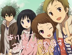  2boys 2girls akeome black_hair brown_eyes brown_hair chitanda_eru dated fukube_satoshi green_eyes hyouka ibara_mayaka long_hair multiple_boys multiple_girls new_year oreki_houtarou pink_eyes purple_eyes rito453 short_hair violet_eyes wink 