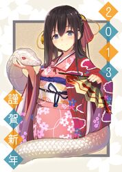  2013 black_hair blue_eyes blush fan floral_print folding_fan hair_ornament japanese_clothes kimono long_hair looking_at_viewer new_year obi original red_eyes shirabi_(life-is-free) smile snake solo 