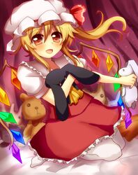  ascot bear beniponzu blonde_hair blush bunny crystal flandre_scarlet hat hat_ribbon open_mouth pantyhose rabbit red_eyes ribbon short_hair side_ponytail sitting skirt smile solo stuffed_animal stuffed_toy touhou wariza white_legwear wings 