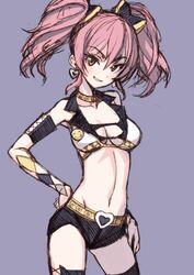 belt bow collar earrings hair_bow hands_on_hips heart heart_earrings idolmaster idolmaster_cinderella_girls jewelry jougasaki_mika matsuryuu naughty_face navel pink_hair shorts sketch solo thigh-highs thighhighs twintails 
