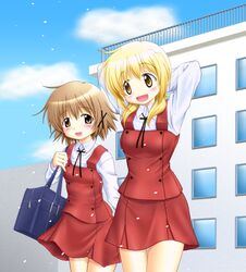  :d arms_behind_head arms_up bag blonde_hair blush brown_eyes brown_hair cloud clouds hair_ornament hairclip hidamari_sketch long_hair miyako multiple_girls mushoku_no_hourousha open_mouth school_bag school_uniform short_hair sky smile yellow_eyes yuno 