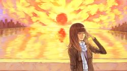 absurdres building cloud clouds highres meguro_shigatsu ocean original scarf sky skyline sun sunset 