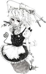  izayoi_sakuya knife monochrome mouth_hold sketch solo touhou watch 