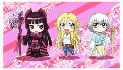  arrow blonde_hair blue_eyes blush_stickers bow_(weapon) capelet character_request chibi elf garter_straps gate_-_jietai_kare_no_chi_nite_kaku_tatakeri gothic_lolita green_eyes halberd highres jeans lelei_(gate) lelei_la_lalena lolita_fashion long_hair mage maid_headdress multiple_girls pointy_ears polearm purple_hair quiver rory_mercury sao_satoru short_hair smile staff t-shirt thigh-highs thighhighs tuka_luna_marceau weapon 