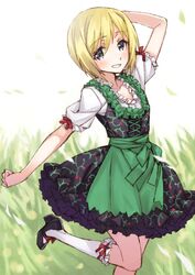  1girl blonde_hair bow dirndl dress erica_hartmann frills grass grey_eyes leg_up matsuryuu revision ribbon short_hair smile socks solo strike_witches traditional_clothes 