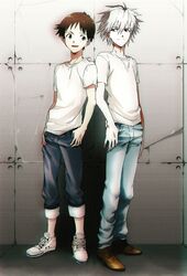  blue_eyes brown_hair hosaka_dx ikari_shinji jeans multiple_boys nagisa_kaworu neon_genesis_evangelion rebuild_of_evangelion red_eyes short_hair smile t-shirt white_hair 