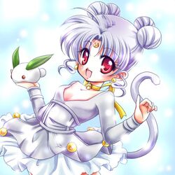  :d albino bell bishoujo_senshi_sailor_moon blue_background cat_tail choker collarbone crescent diana_(sailor_moon) earrings facial_mark forehead_mark hair_bun jewelry lowres open_mouth personification purple_hair red_eyes ribbon_choker shirataki_kaiseki short_hair skirt smile snow_bunny solo sparkle tail 