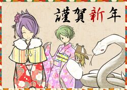  blonde_hair capelet closed_eyes crying eyes_closed forked_tongue furisode giant_snake green_eyes green_hair hair_ornament hair_stick hair_up hat japanese_clothes kikumon kimono kochiya_sanae mishaguji miyakoji_(plokmtamako) moriya_suwako multiple_girls purple_hair pyonta short_hair smile tears tongue touhou translated yasaka_kanako 