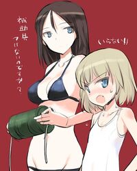  :o bikini black_bikini black_hair black_swimsuit blonde_hair blue_eyes fang girls_und_panzer height_difference katyusha lowleg lowleg_bikini lowres multiple_girls nonna one-piece_swimsuit red_background shimada_fumikane simple_background swimsuit white_swimsuit 