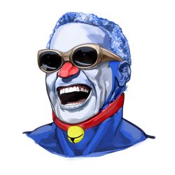  absurdres bell blue_hair crossover doraemon doraemon_(character) fusion highres male parody pun ray_charles red_nose simple_background smile solo sunglasses 