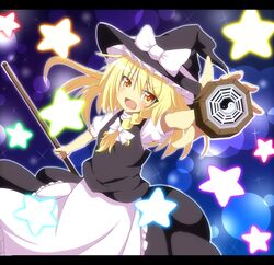  blonde_hair braid broom do_(4-rt) hat highres kirisame_marisa letterboxed long_hair mini-hakkero open_mouth orange_eyes skirt solo star touhou yin_yang 