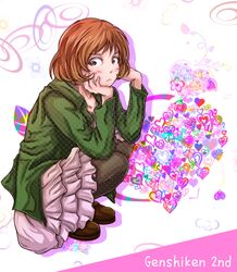  :< blush bob_cut brown_eyes brown_hair genshiken jacket konno_kon pantyhose short_hair skirt solo 