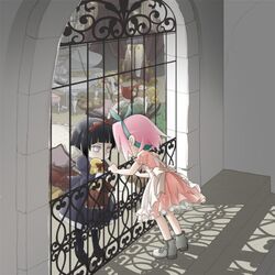  apron black_hair bow doll dress hair_bow hair_ribbon haruno_sakura hyuuga_hinata multiple_girls naruto pantyhose pink_hair ribbon short_hair white_eyes 