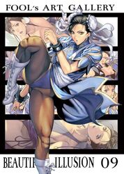  black_hair black_legwear boots bracelet breasts brown_eyes bun_cover china_dress chinese_clothes chun-li double_bun earrings homare_(fool's_art) homare_(fool's_art) jewelry leg_up pantyhose short_hair solo spiked_bracelet spikes street_fighter thighs 