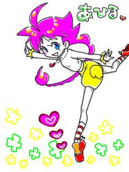  :> ahoge braid character_name copyright_request heart jewelry long_hair midriff namu necklace outstretched_arms pendant pink_hair ponytail socks solo striped striped_socks tiptoes very_long_hair 