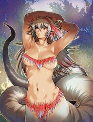 armpits arms_up blush breasts feathers hair_feathers hisahiko lamia large_breasts monster_girl navel open_mouth original pointy_ears silver_hair solo tail yellow_eyes 