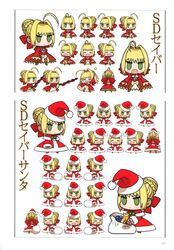  absurdres aestus_estus ahoge artbook artist_request blonde_hair blush_stickers braid capelet character_sheet chibi dress epaulettes fate/extra fate_(series) french_braid green_eyes hair_bun hair_ribbon hat highres panties ribbon saber_extra sack santa_costume santa_hat scan short_hair solo underwear wada_aruko white_panties 