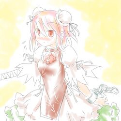  bandage bandages blush bun_cover chinese_clothes cuffs double_bun flower highres ibaraki_kasen mgnt pink_hair red_eyes shackles short_hair solo touhou 