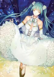  bare_shoulders bridal_gauntlets center_opening closed_eyes corset dress green_hair hatsune_miku long_hair naguri solo twintails vocaloid 
