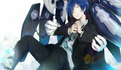  arisato_minato blue_hair chain chains closed_eyes digital_media_player evoker eyes_closed gun hair_over_one_eye male persona persona_3 school_uniform short_hair simple_background solo tears thanatos weapon 