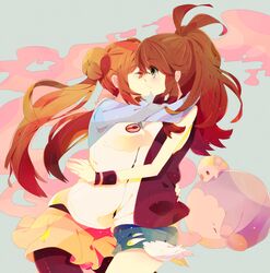  black_legwear blue_eyes breasts brown_hair double_bun highres kiss long_hair mei_(pokemon) multiple_girls munna musharna nicole_(usako) pantyhose pokemon pokemon_(game) pokemon_bw pokemon_bw2 ponytail raglan_sleeves shorts touko_(pokemon) twintails wristband yuri 