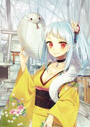  1girl blue_hair breasts choker cleavage collarbone floral_print hair_ornament japanese_clothes kimono long_hair looking_at_viewer midorikawa_you new_year obi original ponytail red_eyes shrine smile snake solo 