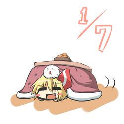  1girl =_= blonde_hair blush_stickers fang food fruit gomasamune hair_ribbon kedama kotatsu open_mouth orange ribbon rumia short_hair smile solo table touhou 
