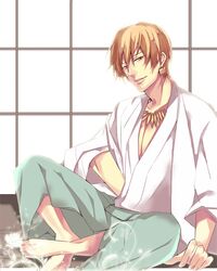  1boy barefoot blonde_hair earrings fate/zero fate_(series) gilgamesh japanese_clothes jewelry kimono necklace red_eyes solo yui0513 