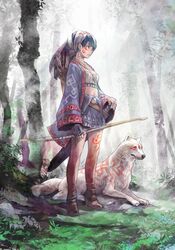  1girl arrow bow_(weapon) earrings facial_mark fingerless_gloves gloves hand_on_hilt jewelry long_hair midriff nature navel original pomodorosa quiver sandals solo sword tattoo tree tribal weapon wolf 