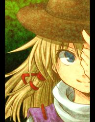  blonde_hair blue_eyes hat moriya_suwako norainu_(101) pillarboxed smile solo touhou 
