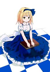  1girl alice_margatroid alice_margatroid_(young) blonde_hair blush book bow checkered checkered_floor hair_bow hair_ornament hair_ribbon hairband makaroni_taisa ribbon shinki short_hair sitting skirt smile solo suspenders touhou yellow_eyes 