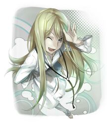  1boy barefoot enkidu_(fate/strange_fake) fate/strange_fake fate_(series) green_eyes green_hair long_hair maccyman robe solo trap wink 