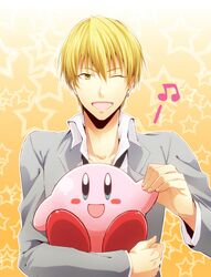  blonde_hair crossover highres kanade_(reveryearth) kirby kirby_(series) kise_ryouta kuroko_no_basuke musical_note wink yellow_eyes 