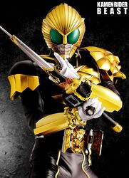  1boy belt character_name kamen_rider kamen_rider_beast kamen_rider_wizard_(series) male maru_(pixiv587569) mask photorealistic solo sword weapon 