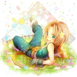  1boy blonde_hair blue_eyes final_fantasy final_fantasy_ix flower gloves kazari_tayu long_hair male ponytail smile solo tail zidane_tribal 