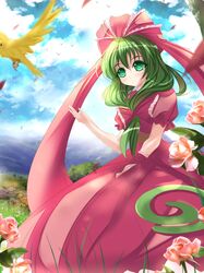 1girl green_eyes green_hair highres kagiyama_hina long_hair marionette_(excle) solo touhou 